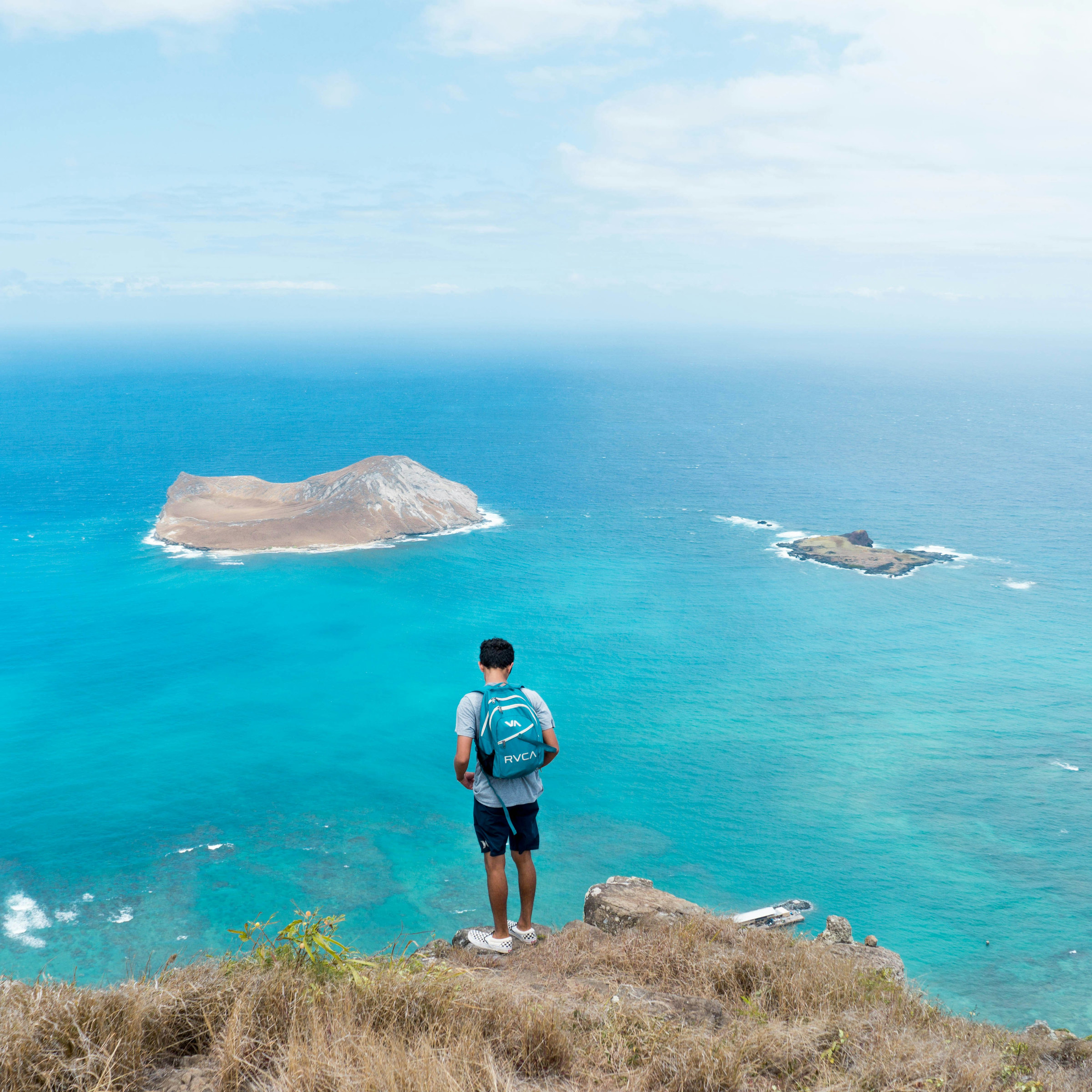 Probable Lanikai Pillbox view toward the Mokulua islets, with a person visible